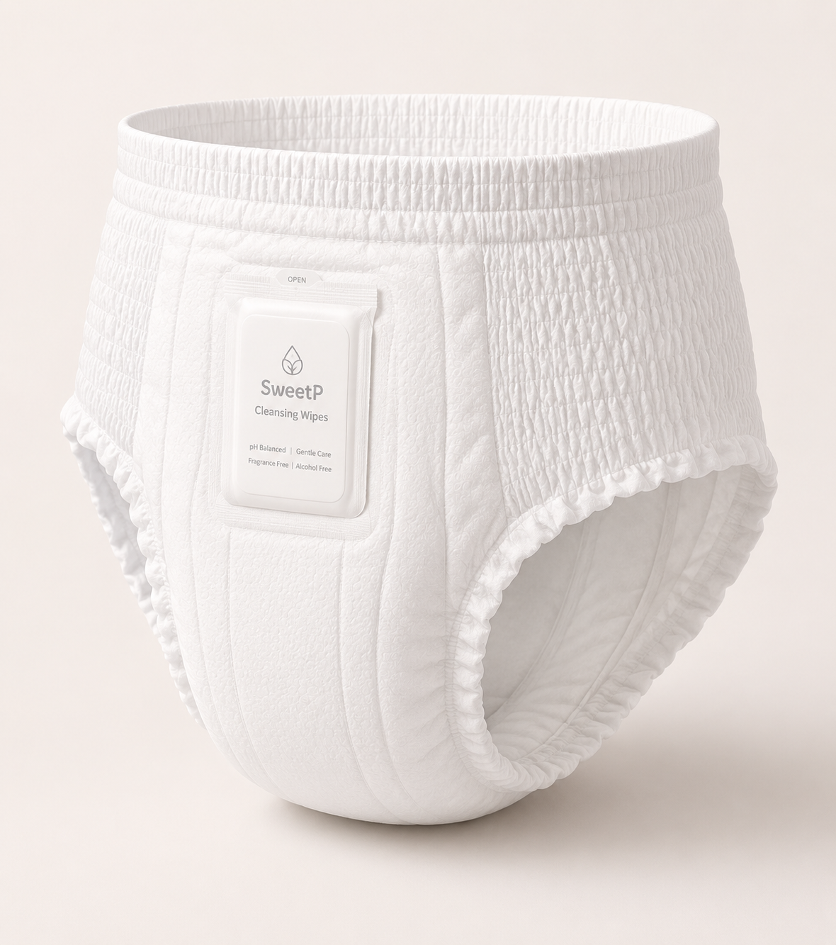 Sweet P adult diaper with built-in Cleansing Wipes pouch
