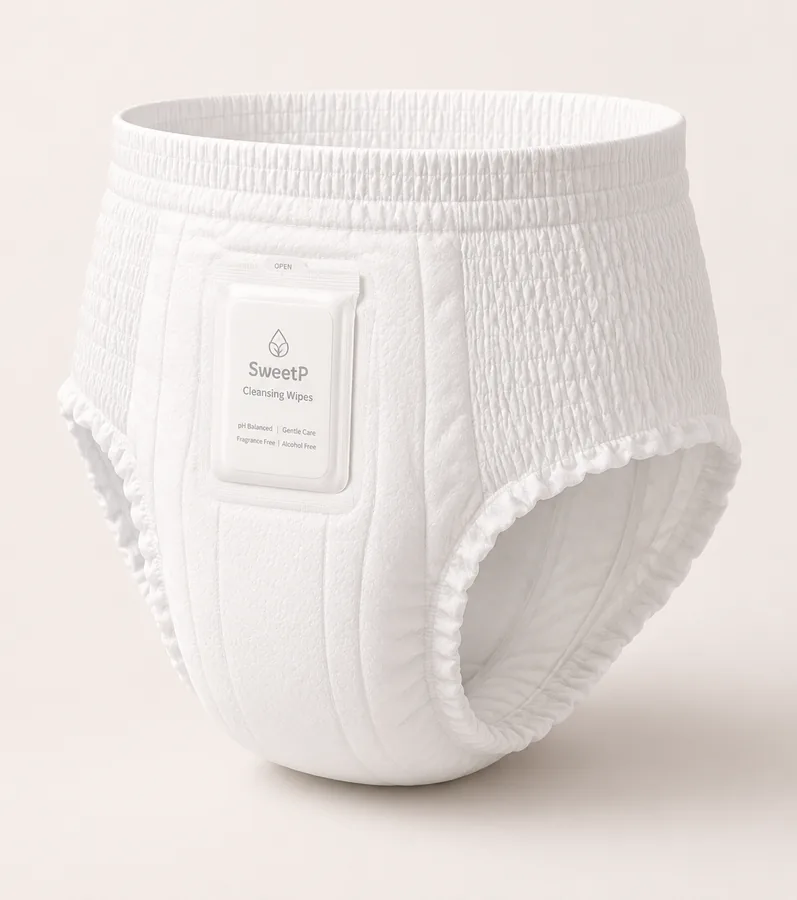Sweet P adult diaper with built-in Cleansing Wipes pouch