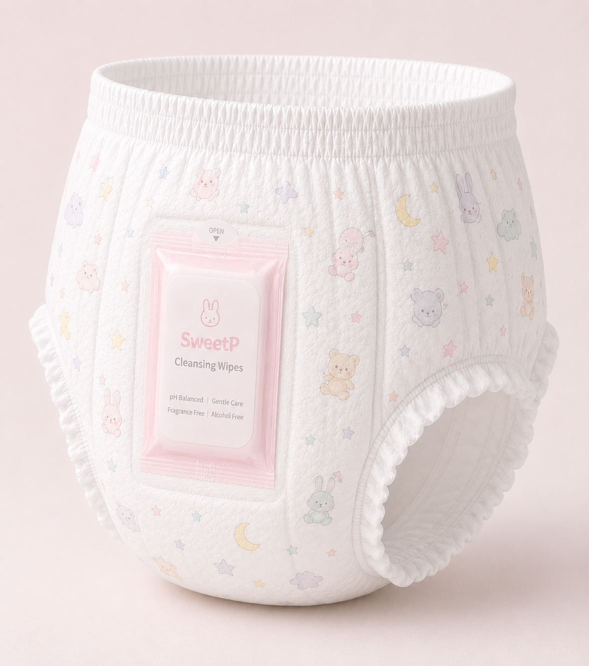 Sweet P baby diaper with built-in pink Cleansing Wipes pouch